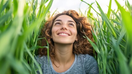 Fototapeta premium Joyful Woman in Green Grass Field Enjoying Nature's Beauty and Fresh Air