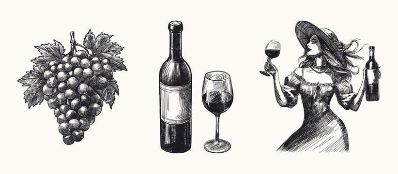 wine culture illustrations set isolated hand drawn sketch line art element with bunch of ripe grapes woman dressed in retro fashion holds wine bottle and filled wine glass