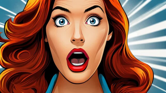 Astonishment in Vibrant Art: A pop-art illustration of a surprised woman with wide eyes and open mouth, bursting with vivid colors. capturing pure awe and surprise.
