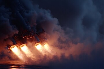 Powerful rocket engines firing and producing a lot of smoke during a dramatic sunset, symbolizing space exploration and technological advancement