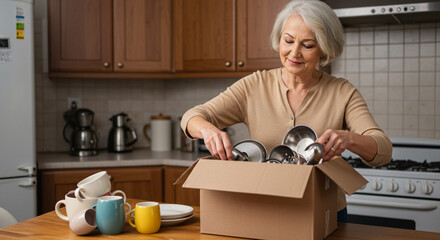 Older woman packing stainless steel cookware into a cardboard box in a kitchen environment at home