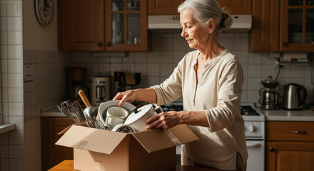 Elderly woman packing dishes into a cardboard box in a kitchen setting with cabinets and appliances
