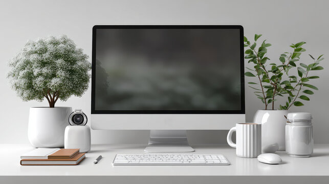 Desktop computer setup with monitor, keyboard, mug, plants, and white objects on a desk, perfect for work from home - Powered by Adobe