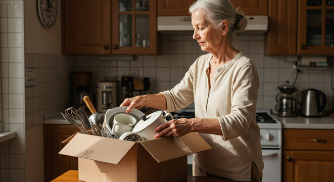 Elderly woman packing dishes into a cardboard box in a kitchen setting with cabinets and appliances - Powered by Adobe