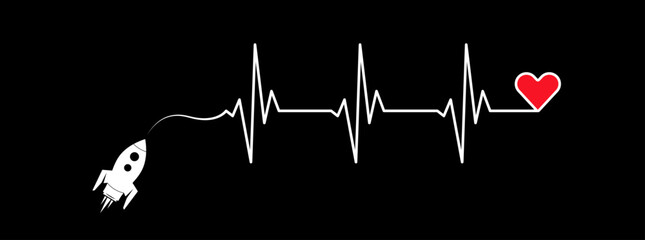 Abstract rocket spaceship, ekg shape route, red heart vector on black background. Creative medical science concept design to use for cardiology, healthcare business, love concept projects.