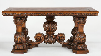 Traditional Carved wood, rich tones, formal settings.