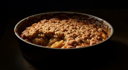 Caramelized apple crisp with bubbling edges in baking dish