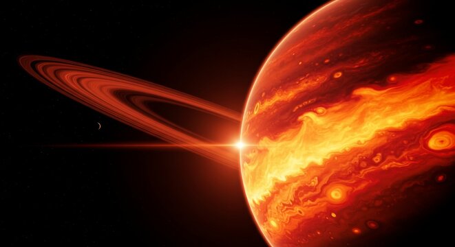 Fiery Exoplanet with Rings and Moon in Deep Space - Powered by Adobe