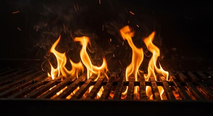 Obraz premium Fiery Flames Dancing Above Empty Grill Grates in Dramatic Low Light