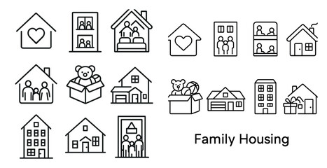 Fototapeta premium Collection of images of houses and people, with the words Family Housing written below. The images convey a sense of warmth and togetherness, with families living in various types of homes