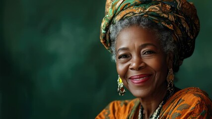 Portrait of a smiling elegant older Black woman with a headwrap and jewelry against a dark green background - Powered by Adobe