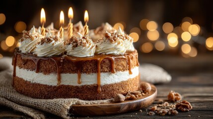 Celebration cake with candles, chocolate ganache drip, walnuts, blueberries, and creamy frosting on rustic wooden table