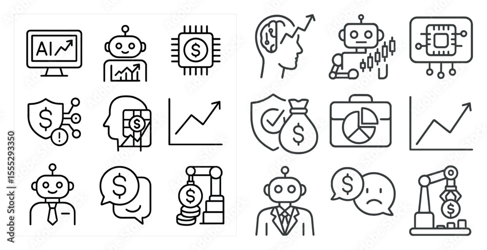 Fototapete Set of icons for robots and money. The icons include a robot with a dollar sign, a robot with a computer, a robot with a robot, and a robot with a robot