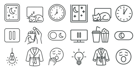 Collection of icons for a sleep app. The icons include a clock, a cat, a person, a cup, a remote, a bowl, a bed, a pillow, a light bulb, a cup, a bowl, a person