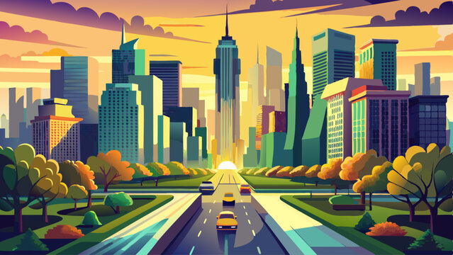 Skyscrapers glow with early golden sunlight as yellow taxis stream through wide avenues. Central Park lies in the middle like a green heart, where joggers and artists gather. Reflections shimmer in 