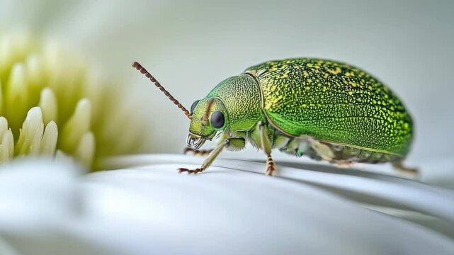 Green Jewel Beetle on White Flower Petal, Close-Up Macro Insect Video