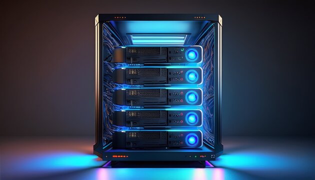 isolated black destop computer middle size tower with blue led rgb light