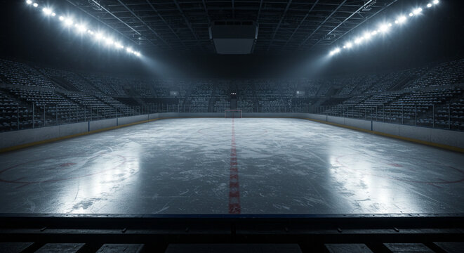 A view of an empty ice hockey rink with bright lights and empty seating in a dark indoor arena space