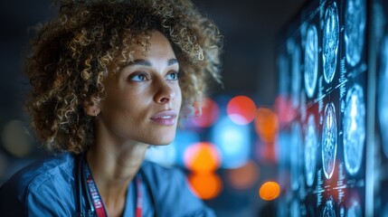 Woman doctor analyzes tomography scans in hospital at night for medical diagnoses and treatment