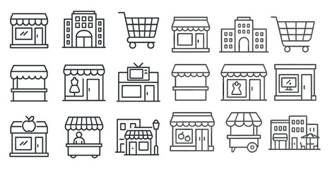 Series of black and white icons of various types of stores, including a grocery store, a clothing store, and a restaurant
