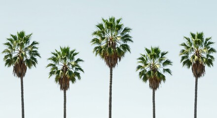 Obraz premium Five Palm Trees Against a Pale Blue Sky