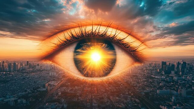 Surreal cityscape with giant eye and sunset, visionary art