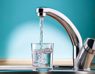 clear water being poured into a glass from modern kitchen faucet