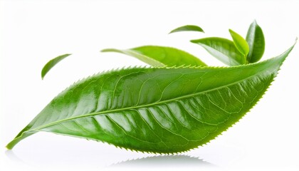 green tea leaves falling against on white background