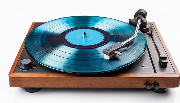 vintage turntable record player with blue vinyl isolated on white background