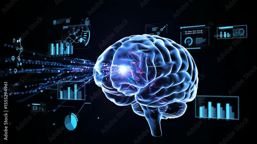 Poster human brain illustrating data processing and artificial intelligence concept with digital analytics 