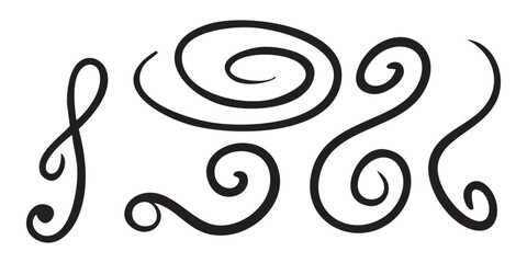 Bold calligraphic Curls, Curved lines for decorative design. Pack element for vintage, baroque Lettering. Set of Loops, curls for cursive text. Collection of hand-drawn Flourishes. Vector illustration