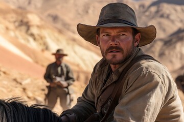 Obraz premium Tough cowboy in a desert landscape. Close-up on a man on horseback, focused and determined