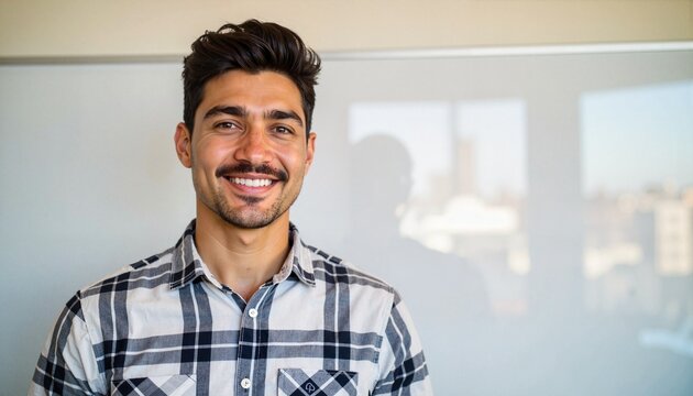 Smiling man in checkered shirt standing in classroom for Teachers' Day  