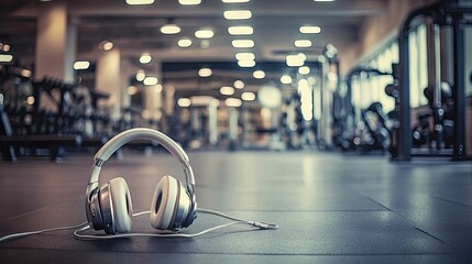 Headphones resting on the floor of a gym.