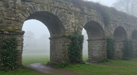Foggy Morning at the Stone Archway Ruins in a Green Field