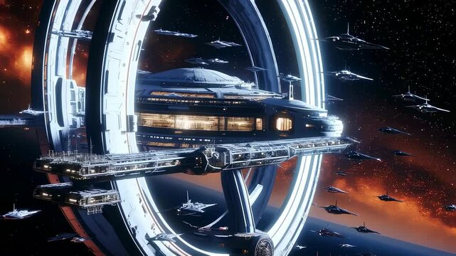 Space Station with Spaceships in Deep Space
