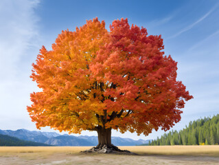 紅葉と黄葉が美しく混ざる一本の大きな木・青空と山並みの秋の風景