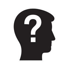 Problem solving icon with a human head and question mark representing a psychological query doubt and the process of thinking for an answer vector solid glyph icon