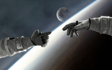 Two gloved astronaut hands extend toward each other above Earth&rsquo;s horizon, with the Moon in the distance. A powerful symbol of unity, exploration, and human connection