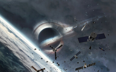 Black Hole with Space Debris Near Earth &mdash; A luminous black hole with swirling accretion disk looms in deep space. Floating debris and shattered satellites drift near Earth&rsquo;s cloudy horizon