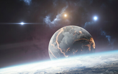 Cracked Planet Radiating Energy Under Triple Star System &mdash; A rugged, fissured world glows with molten light beneath its fractured crust, facing a tri-star sky