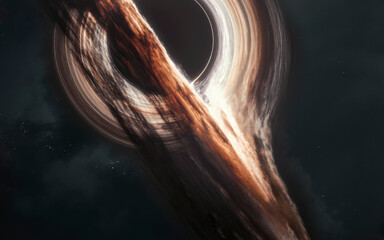 Black Hole with Bright Accretion Disk in Starfield &mdash; A dark void at the center is encircled by a glowing ring of light and swirling gas. The scene is set against a deep starry expanse