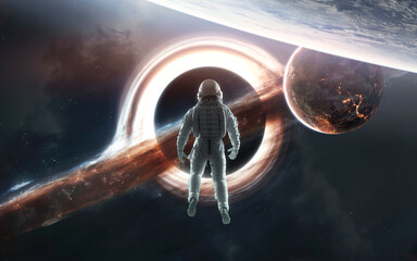 Astronaut Floating Near Black Hole with Accretion Disk &mdash; A suited astronaut is tethered in space, facing a luminous black hole surrounded by swirling light. Stars and nebulae enhance the cosmic scale