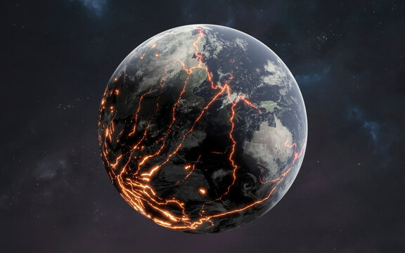 Cracked Earth-like Planet with Glowing Fissures &mdash; This digitally rendered world resembles Earth but is veined with fiery, glowing orange fissures that hint at massive geological instability