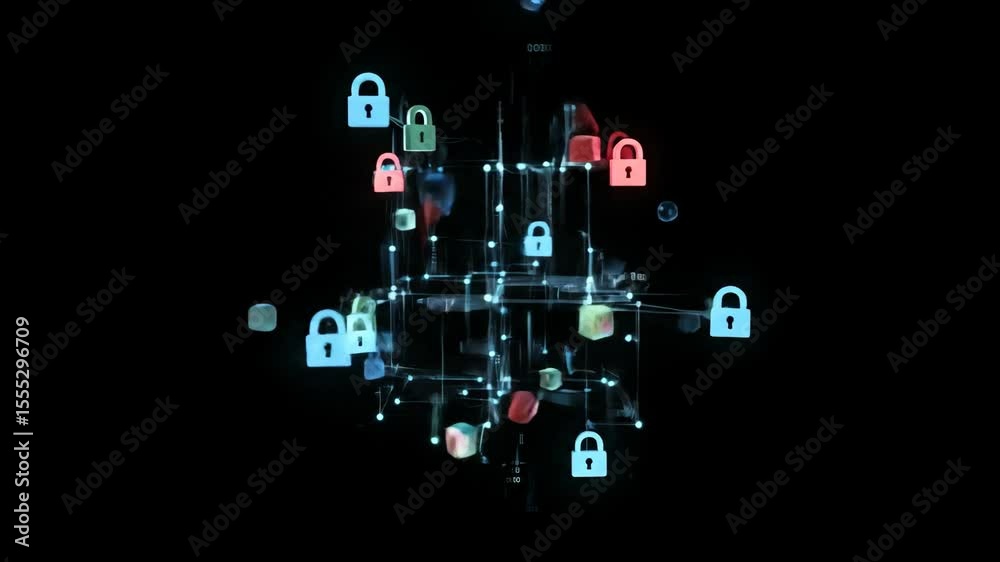 Poster Digital security network with glowing cube and data locks in a blockchain animation footage.