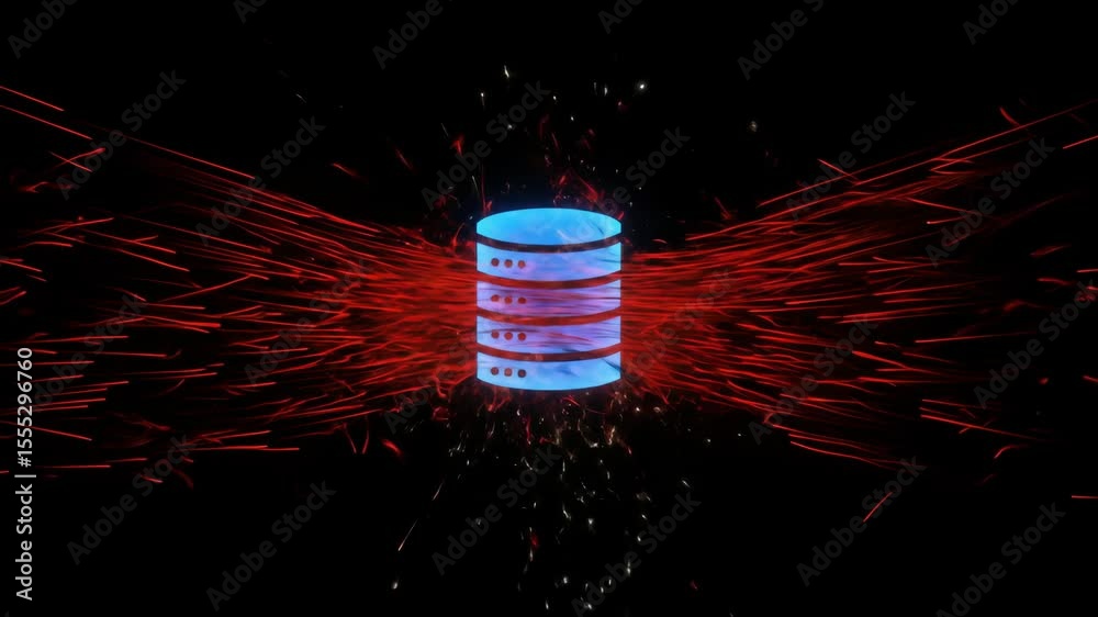 Poster blue database icon processing red data streams with intense activity for digital information managem