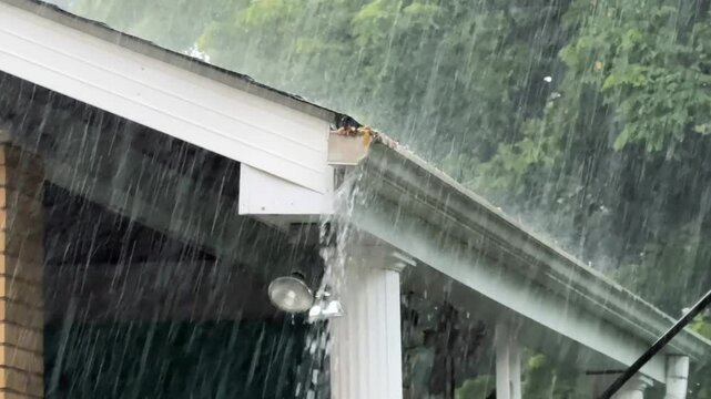 Heavy rain pours down on the corner of a house roof, overflowing a clogged gutter. Water cascades off the edge, capturing the intensity of a summer storm and the need for home maintenance. 14686