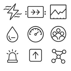 Real-Time Streaming Icons. Outline style icons of Real-Time Stream Processing: streaming spark bolt, event hub, sliding window