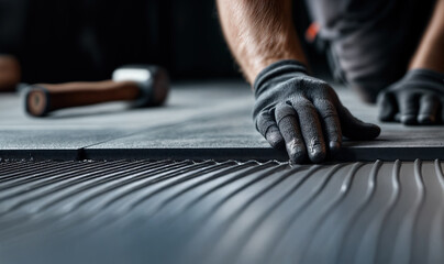 Worker's hands carefully installing grey floor tiles into adhesive mortar. Installation, flooring, precision and craftsmanship, copy space background.