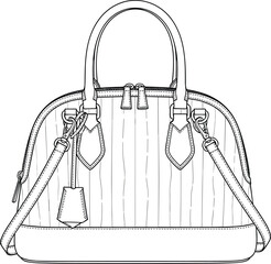 Designer handbag CAD flat sketch with top handle and crossbody strap, detailed fashion bag technical vector drawing for accessories design